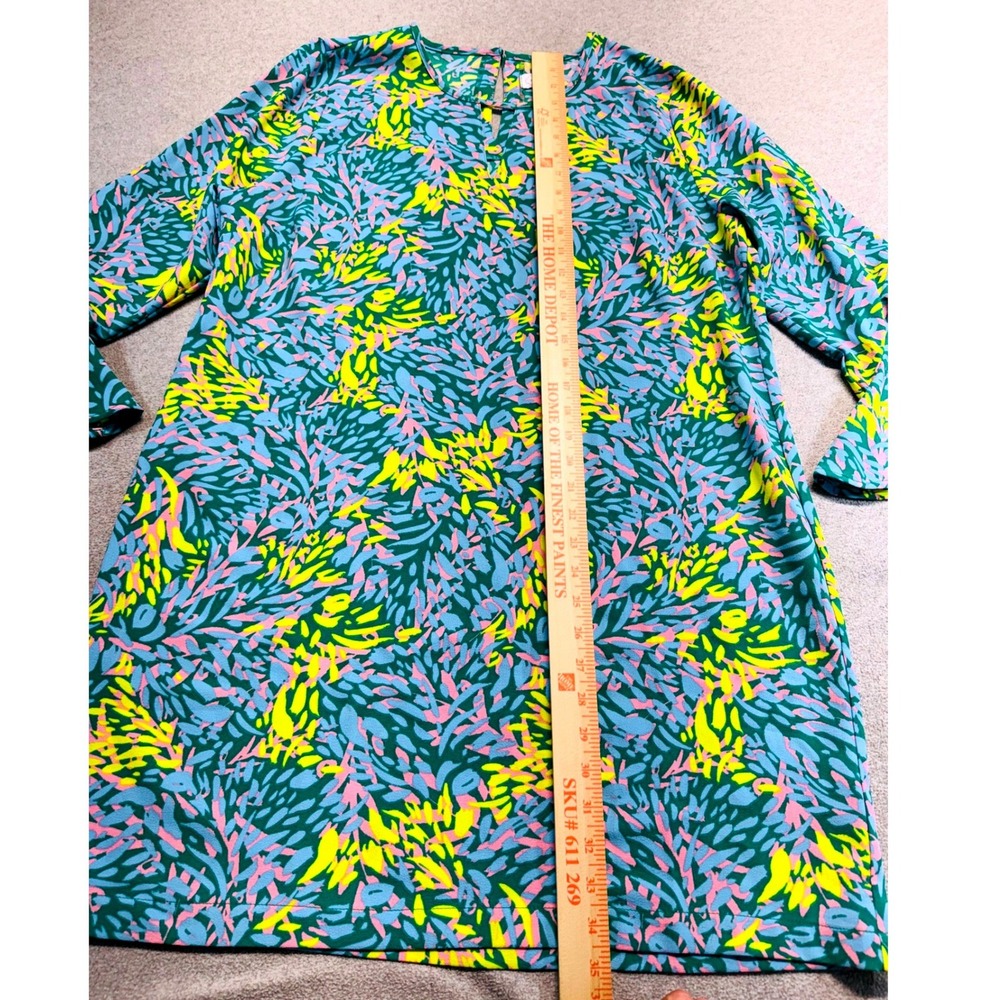 Mud Pie Womens L Tropical Print Shift Dress Ruffle Bell Sleeve Green Pink Yellow - Picture 9 of 10